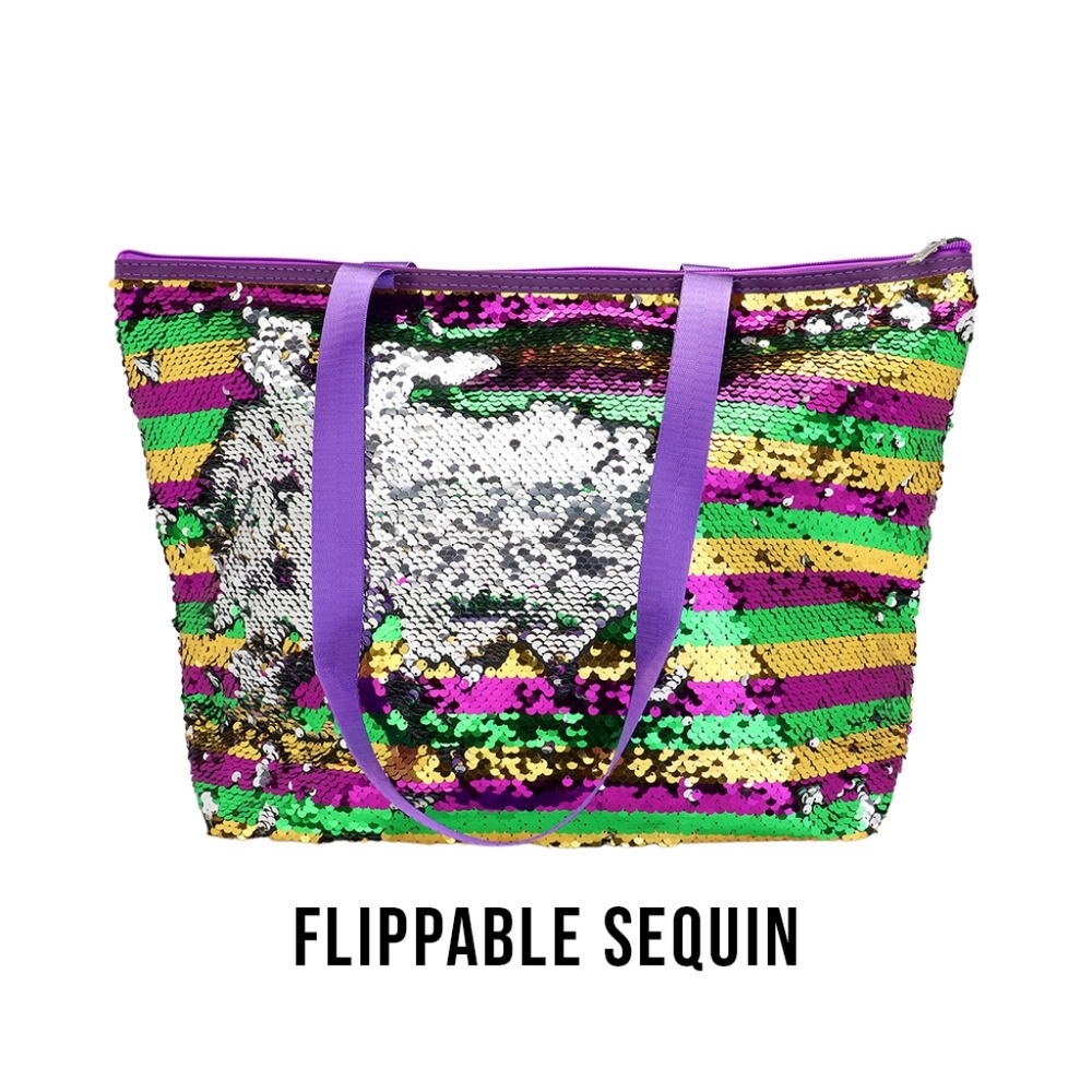 Green Purple Gold Sequin Stripe Mardi Gras Tote Purse Shoulder Bag - Picture 3 of 6